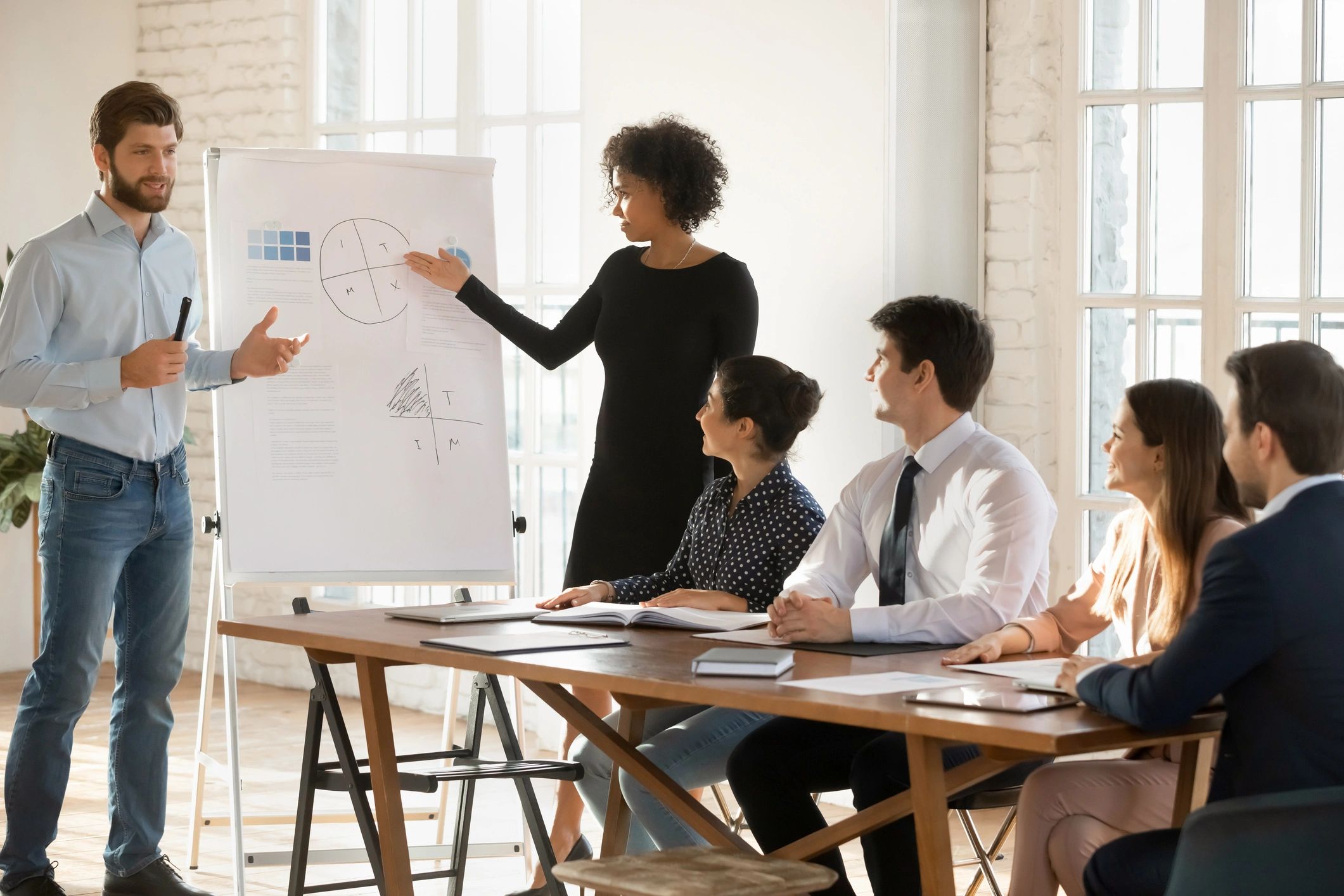 Team presenting at a whiteboard in an office